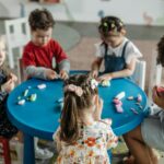 Group of preschool children playing with clay at a colorful table in a classroom.